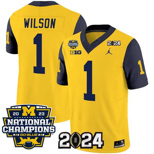 Mens Michigan Wolverines #1 Roman Wilson Yellow Navy 2024 F.U.S.E. With 2023 National Champions Patch Stitched Jersey->michigan wolverines->NCAA Jersey